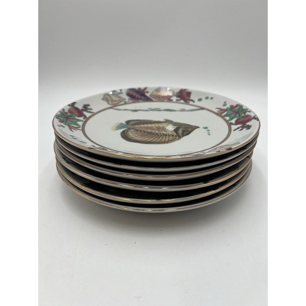 Vintage Oriental Accent Nautical Fish Decorative Wall Plates Set of 6 Coastal